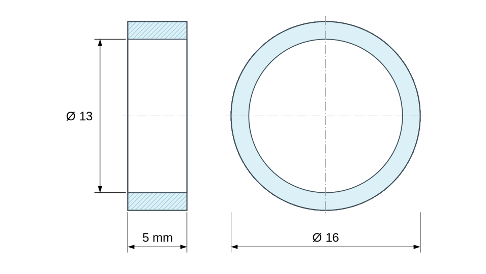 Disegno quotato: Distanziatore liscio in acciaio inossidabile Ø13x16mm per vite M12
