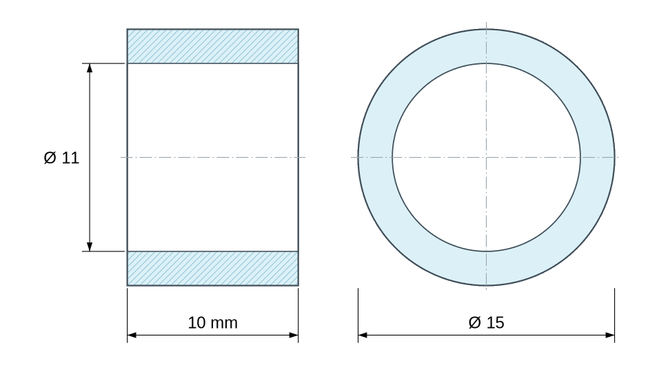 Disegno quotato: Distanziatore liscio in acciaio inossidabile Ø11x15mm per vite M10