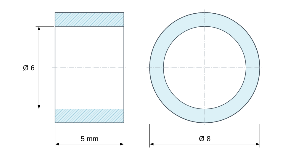 Disegno quotato: Distanziatore liscio in alluminio Ø6x8mm per vite M6