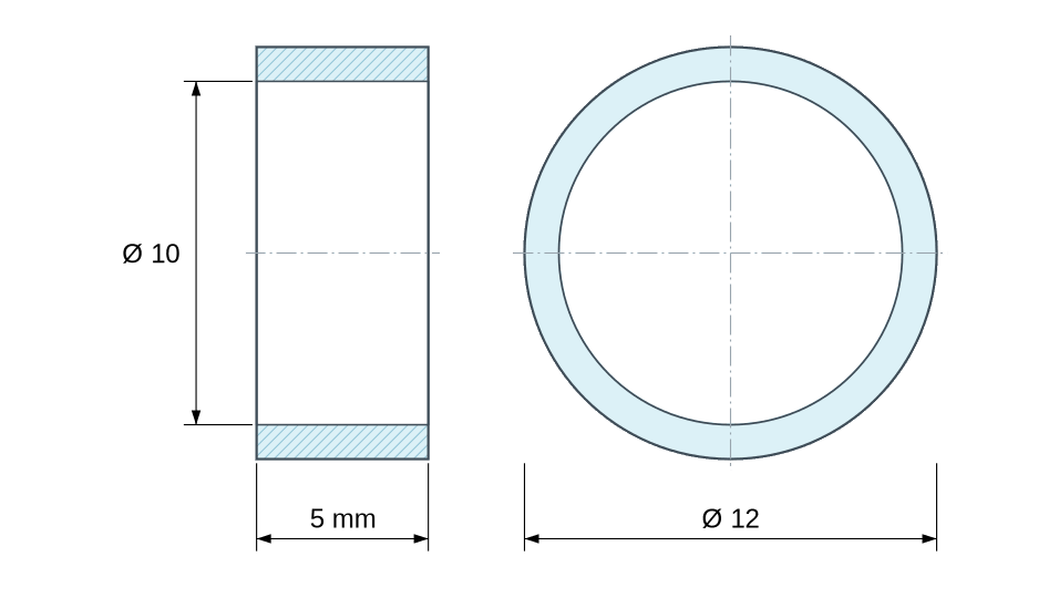Disegno quotato: Distanziatore liscio in alluminio Ø10x12mm per vite M10