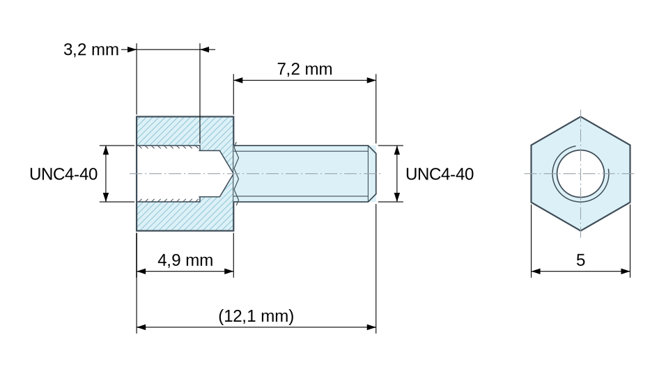 Disegno quotato Distanziatore esagonale filettato maschio/femmina acciaio nichelato UNC4-40 - chiave da 5 mm