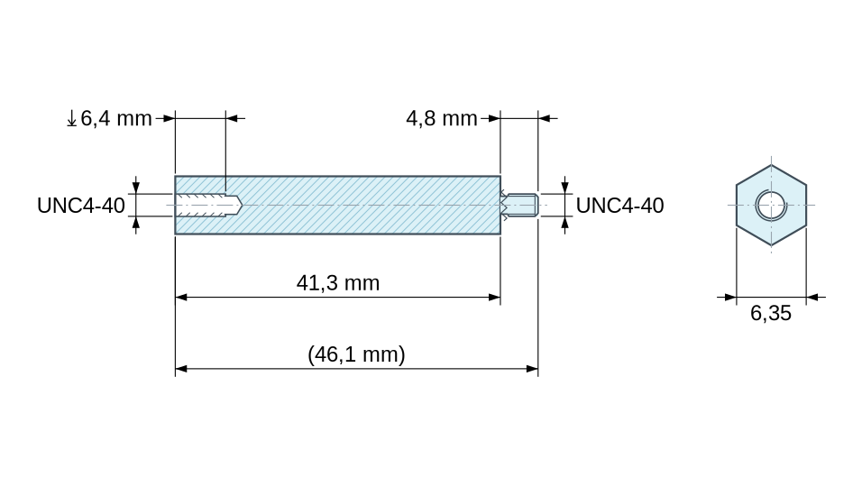Disegno quotato Distanziatore esagonale filettato maschio/femmina acciaio nichelato UNC4-40 - chiave da 6,35 mm