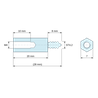 Disegno quotato 20 mm / 8 mm, Distanziatore esagonale filettato autofilettante acciaio zincato M4 / ST4,2 - chiave da 7 mm