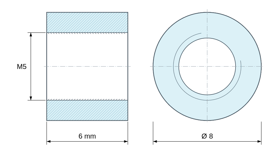 Disegno quotato Distanziatore tondo filettato femmina/femmina acciaio zincato M5 - Ø8 mm Disegno quotato Distanziatore tondo filettato femmina/femmina acciaio zincato M5 - Ø8 mm