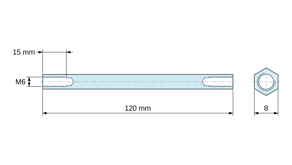 Disegno quotato Distanziatore esagonale filettato femmina/femmina acciaio zincato M6 - chiave da 8 mm Disegno quotato Distanziatore esagonale filettato femmina/femmina acciaio zincato M6 - chiave da 8 mm