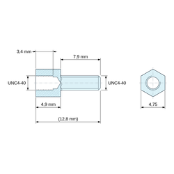 Disegno quotato 4,9 mm / 7,9 mm, Distanziatore esagonale filettato maschio/femmina acciaio zincato giallo UNC4-40 - chiave da 4,75 mm