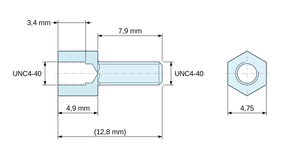 Disegno quotato Distanziatore esagonale filettato maschio/femmina acciaio zincato giallo UNC4-40 - chiave da 4,75 mm