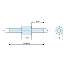Disegno quotato 7 mm / 9 mm, Distanziatore esagonale filettato maschio/maschio acciaio zincato giallo M3 - chiave da 5,5 mm