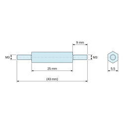 Disegno quotato 25 mm / 9 mm, Distanziatore esagonale filettato maschio/maschio acciaio zincato giallo M3 - chiave da 5,5 mm