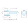 Disegno quotato 5 mm / 6 mm, Distanziatore esagonale filettato maschio/femmina acciaio zincato M2 - chiave da 4 mm