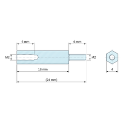 Disegno quotato 18 mm / 6 mm, Distanziatore esagonale filettato maschio/femmina acciaio zincato M2 - chiave da 4 mm