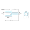 Disegno quotato 6 mm / 6 mm, Distanziatore esagonale filettato maschio/femmina acciaio zincato M2,5 - chiave da 4 mm