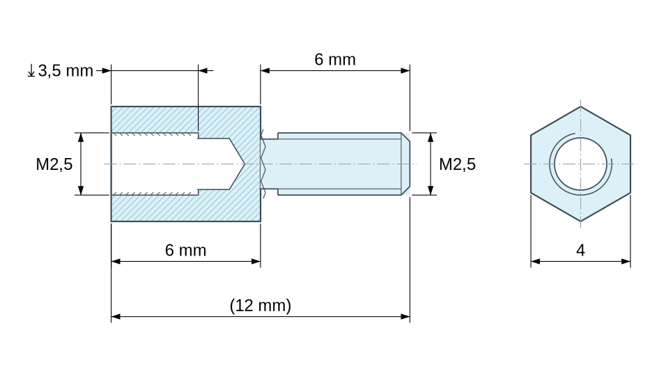 Disegno quotato Distanziatore esagonale filettato maschio/femmina acciaio zincato M2,5 - chiave da 4 mm