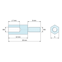 Disegno quotato 12 mm / 8 mm, Distanziatore esagonale filettato maschio/femmina acciaio zincato M3 - chiave da 5 mm