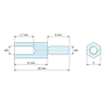 Disegno quotato 12 mm / 8 mm, Distanziatore esagonale filettato maschio/femmina acciaio zincato M3 - chiave da 5 mm