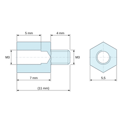 Disegno quotato 7 mm / 4 mm, Distanziatore esagonale filettato maschio/femmina acciaio zincato blu M3 - chiave da 5,5 mm