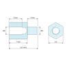 Disegno quotato 7 mm / 4 mm, Distanziatore esagonale filettato maschio/femmina acciaio zincato blu M3 - chiave da 5,5 mm