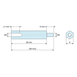 Disegno quotato 30 mm / 6 mm, Distanziatore esagonale filettato maschio/femmina acciaio zincato M3 - chiave da 6 mm