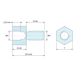 Disegno quotato 6 mm / 8 mm, Distanziatore esagonale filettato maschio/femmina acciaio zincato blu al piombo M4 - chiave da 7 mm
