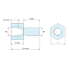 Disegno quotato 6 mm / 8 mm, Distanziatore esagonale filettato maschio/femmina acciaio zincato blu al piombo M4 - chiave da 7 mm