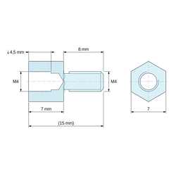 Disegno quotato 7 mm / 8 mm, Distanziatore esagonale filettato maschio/femmina acciaio zincato blu al piombo M4 - chiave da 7 mm