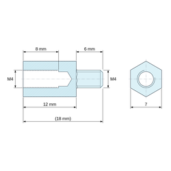 Disegno quotato 12 mm / 6 mm, Distanziatore esagonale filettato maschio/femmina acciaio zincato blu al piombo M4 - chiave da 7 mm