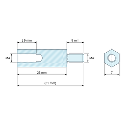 Disegno quotato 23 mm / 8 mm, Distanziatore esagonale filettato maschio/femmina acciaio zincato blu al piombo M4 - chiave da 7 mm