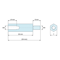 Disegno quotato 26 mm / 8 mm, Distanziatore esagonale filettato maschio/femmina acciaio zincato blu al piombo M4 - chiave da 7 mm