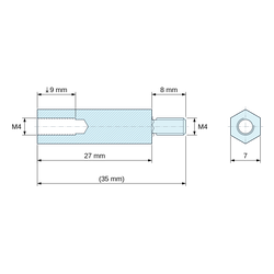 Disegno quotato 27 mm / 8 mm, Distanziatore esagonale filettato maschio/femmina acciaio zincato blu al piombo M4 - chiave da 7 mm
