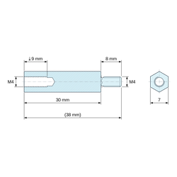 Disegno quotato 30 mm / 8 mm, Distanziatore esagonale filettato maschio/femmina acciaio zincato blu al piombo M4 - chiave da 7 mm