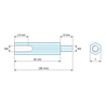 Disegno quotato 30 mm / 8 mm, Distanziatore esagonale filettato maschio/femmina acciaio zincato blu al piombo M4 - chiave da 7 mm
