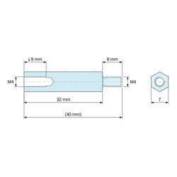 Disegno quotato 32 mm / 8 mm, Distanziatore esagonale filettato maschio/femmina acciaio zincato blu al piombo M4 - chiave da 7 mm