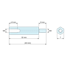 Disegno quotato 32 mm / 8 mm, Distanziatore esagonale filettato maschio/femmina acciaio zincato blu al piombo M4 - chiave da 7 mm