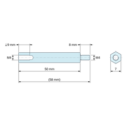 Disegno quotato 50 mm / 8 mm, Distanziatore esagonale filettato maschio/femmina acciaio zincato blu al piombo M4 - chiave da 7 mm
