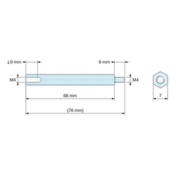 Disegno quotato 68 mm / 8 mm, Distanziatore esagonale filettato maschio/femmina acciaio zincato blu al piombo M4 - chiave da 7 mm