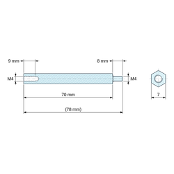 Disegno quotato 70 mm / 8 mm, Distanziatore esagonale filettato maschio/femmina acciaio zincato blu al piombo M4 - chiave da 7 mm