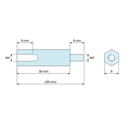 Disegno quotato 30 mm / 8 mm, Distanziatore esagonale filettato maschio/femmina acciaio zincato M4 - chiave da 8 mm
