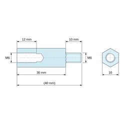 Disegno quotato 30 mm / 10 mm, Distanziatore esagonale filettato maschio/femmina acciaio zincato blu al piombo M6 - chiave da 10 mm