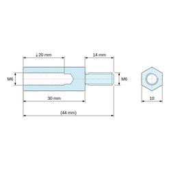 Disegno quotato 30 mm / 14 mm, Distanziatore esagonale filettato maschio/femmina acciaio zincato blu al piombo M6 - chiave da 10 mm