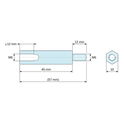 Disegno quotato 45 mm / 12 mm, Distanziatore esagonale filettato maschio/femmina acciaio zincato blu al piombo M6 - chiave da 10 mm