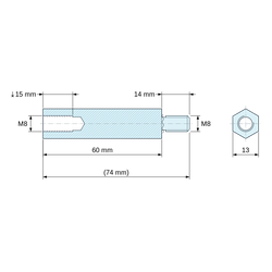 Disegno quotato 60 mm / 14 mm, Distanziatore esagonale filettato maschio/femmina acciaio zincato blu al piombo M8 - chiave da 13 mm