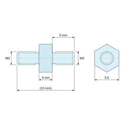 Disegno quotato 3 mm / 5 mm, Distanziatore esagonale filettato maschio/maschio acciaio zincato blu M3 - chiave da 5,5 mm