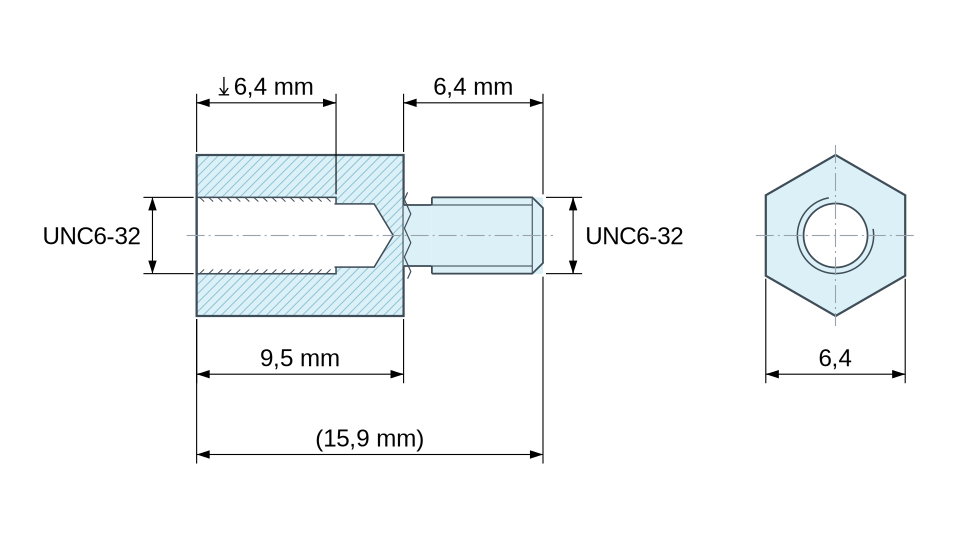 Disegno quotato Distanziatore esagonale filettato maschio/femmina alluminio UNC6-32 - chiave da 6,4 mm