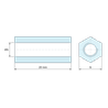 Disegno quotato 20 mm, Distanziatore esagonale filettato femmina/femmina alluminio passivato M5 - chiave da 8 mm