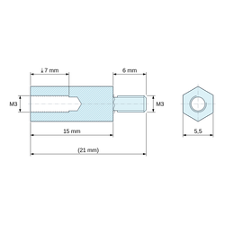 Disegno quotato 15 mm / 6 mm, Distanziatore esagonale filettato maschio/femmina alluminio passivato M3 - chiave da 5,5 mm