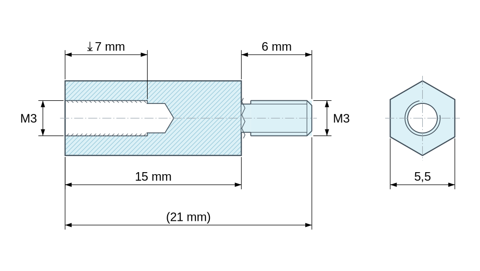 Disegno quotato Distanziatore esagonale filettato maschio/femmina alluminio passivato M3 - chiave da 5,5 mm Disegno quotato Distanziatore esagonale filettato maschio/femmina alluminio passivato M3 - chiave da 5,5 mm