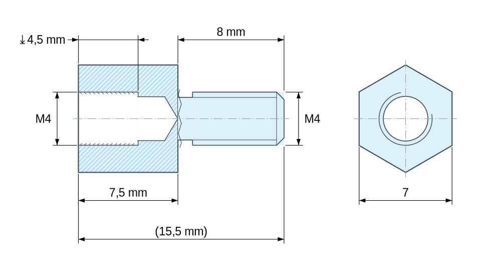 Disegno quotato Distanziatore esagonale filettato maschio/femmina alluminio passivato M4 - chiave da 7 mm Disegno quotato Distanziatore esagonale filettato maschio/femmina alluminio passivato M4 - chiave da 7 mm