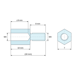 Disegno quotato 10 mm / 8 mm, Distanziatore esagonale filettato maschio/femmina alluminio passivato M4 - chiave da 7 mm