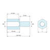 Disegno quotato 10 mm / 8 mm, Distanziatore esagonale filettato maschio/femmina alluminio passivato M4 - chiave da 7 mm