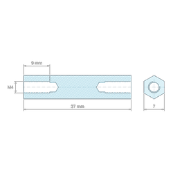 Disegno quotato 37 mm, Distanziatore esagonale filettato femmina/femmina acciaio inox M4 - chiave da 7 mm